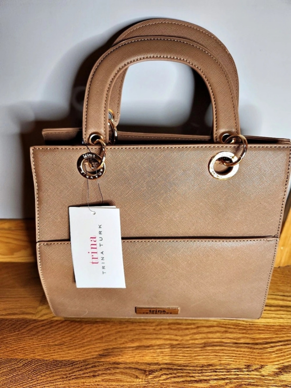 NWT Trina Turk Double Handle Tote / Front Slip Pocket in Tan TTT 2004 With Strap